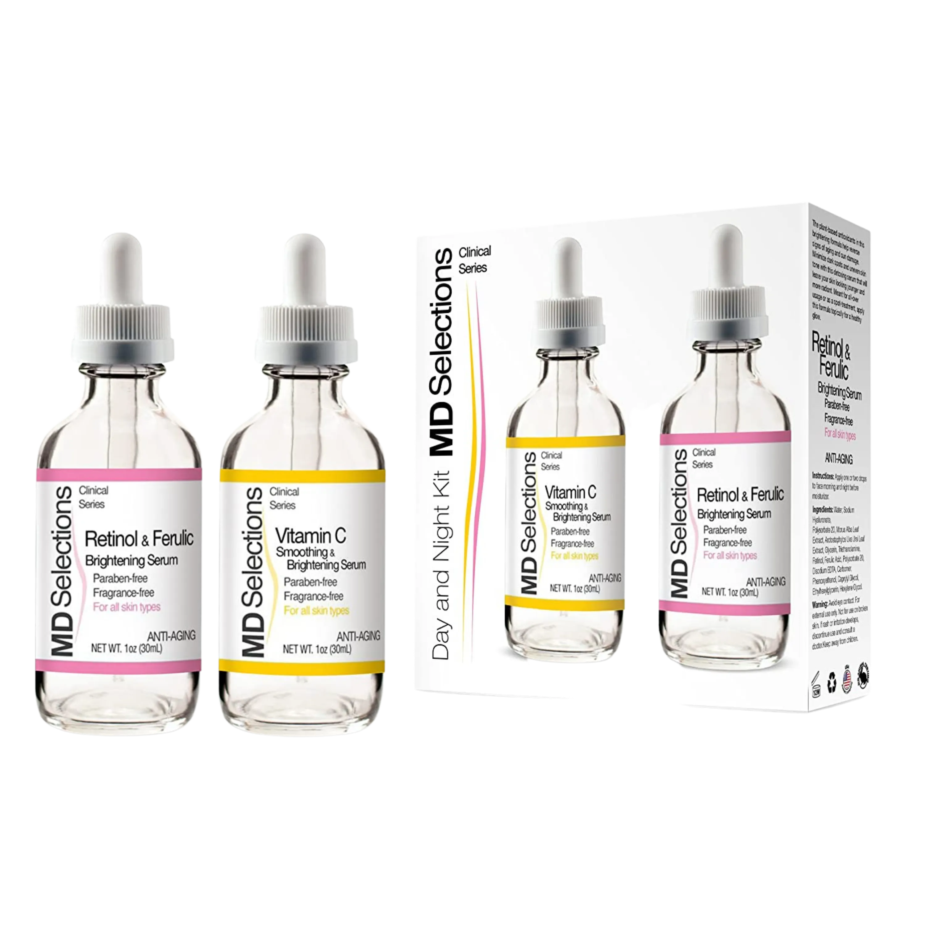 MD Selections Vitamin C/Retinol & Ferulic Serum Set for Face | Day & Night Serum, 2 oz