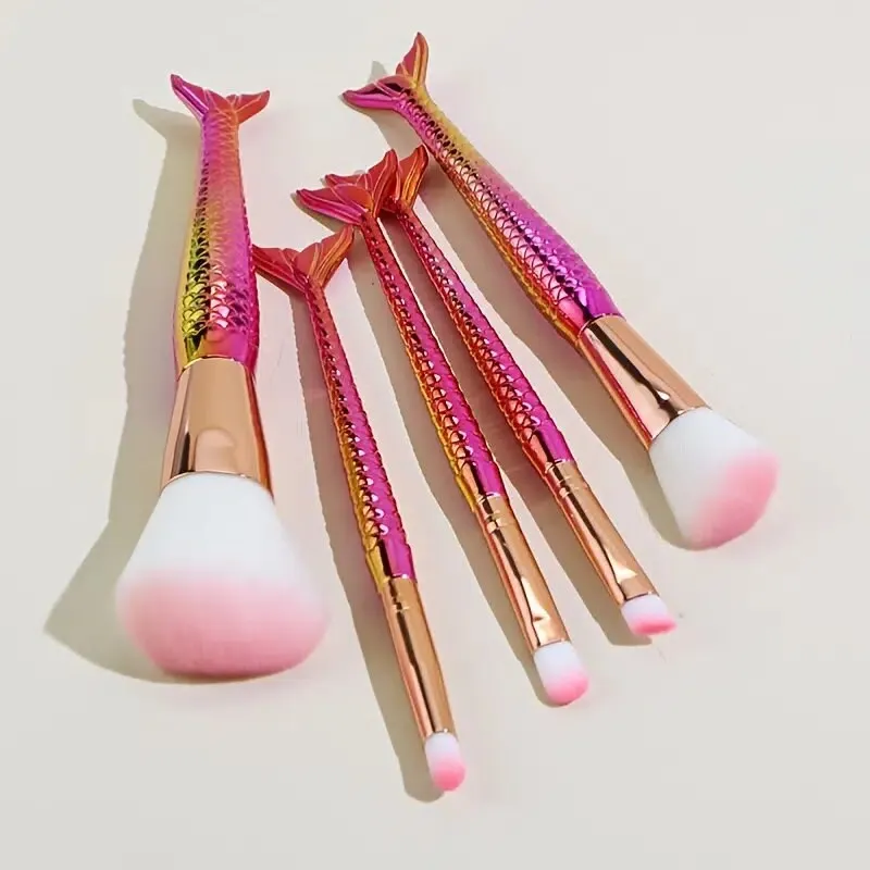 Mermaid Cosmetic Tool Set 5Pcs Rose Gold | Liquid Foundation Eyeshadow Blush Makeup Concealer Brush