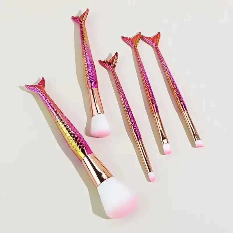 Mermaid Cosmetic Tool Set 5Pcs Rose Gold | Liquid Foundation Eyeshadow Blush Makeup Concealer Brush