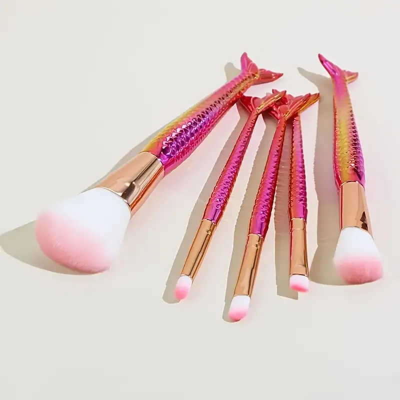 Mermaid Cosmetic Tool Set 5Pcs Rose Gold | Liquid Foundation Eyeshadow Blush Makeup Concealer Brush
