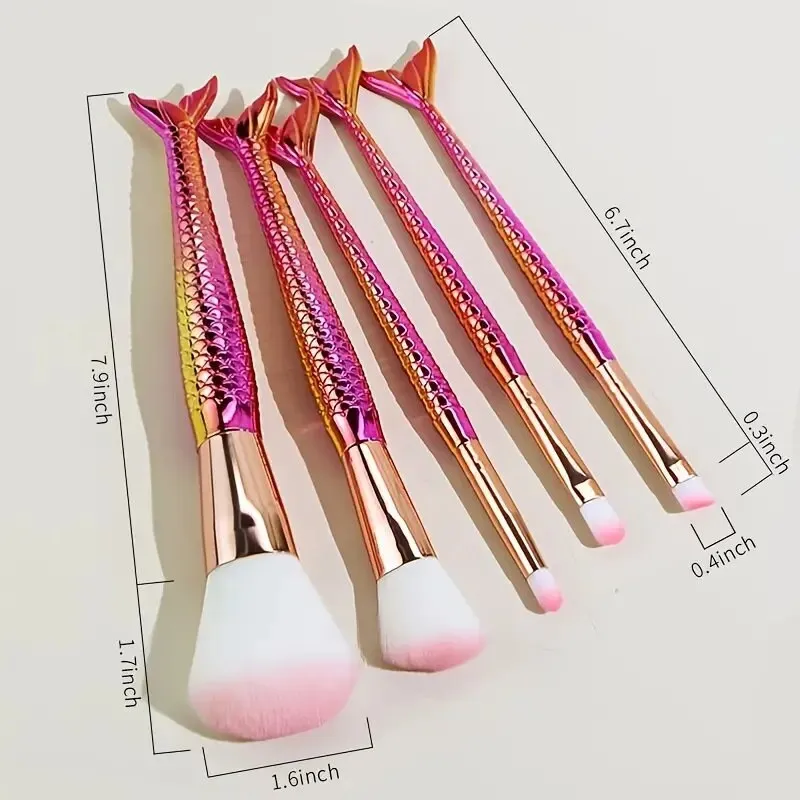 Mermaid Cosmetic Tool Set 5Pcs Rose Gold | Liquid Foundation Eyeshadow Blush Makeup Concealer Brush