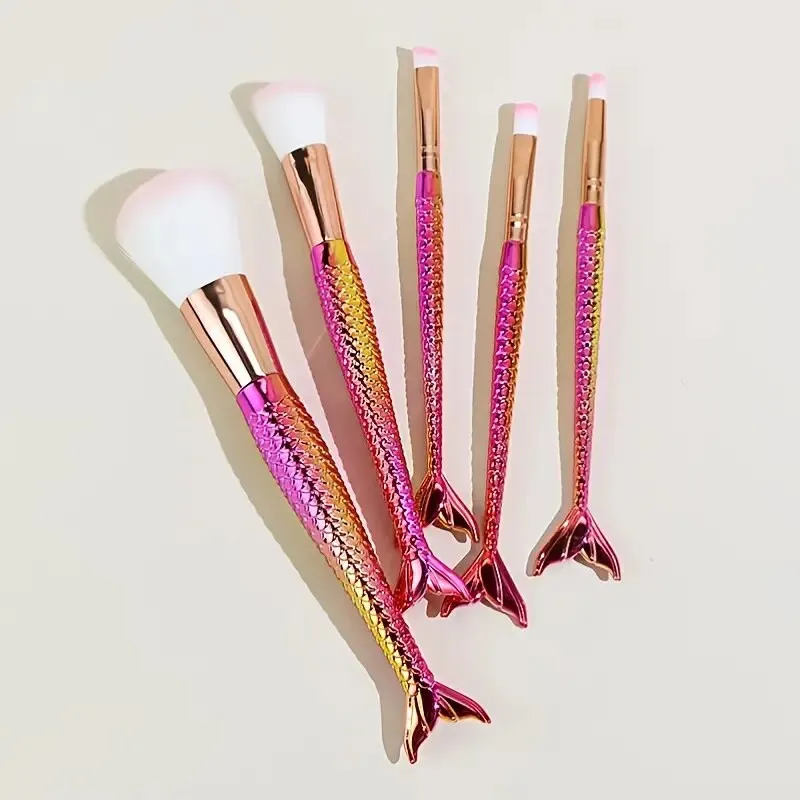 Mermaid Cosmetic Tool Set 5Pcs Rose Gold | Liquid Foundation Eyeshadow Blush Makeup Concealer Brush