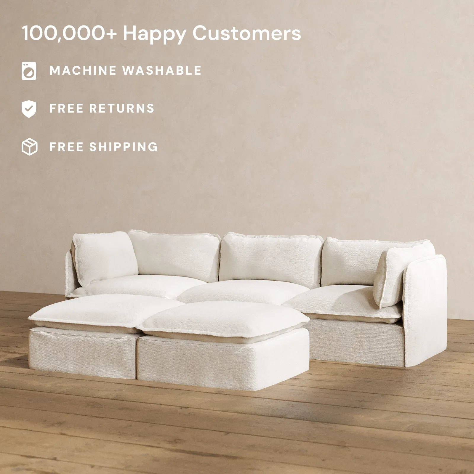 Modular Washable 3-Seater   Bench Ottoman in Powder | Deluxe  Seat | Contour Pillow