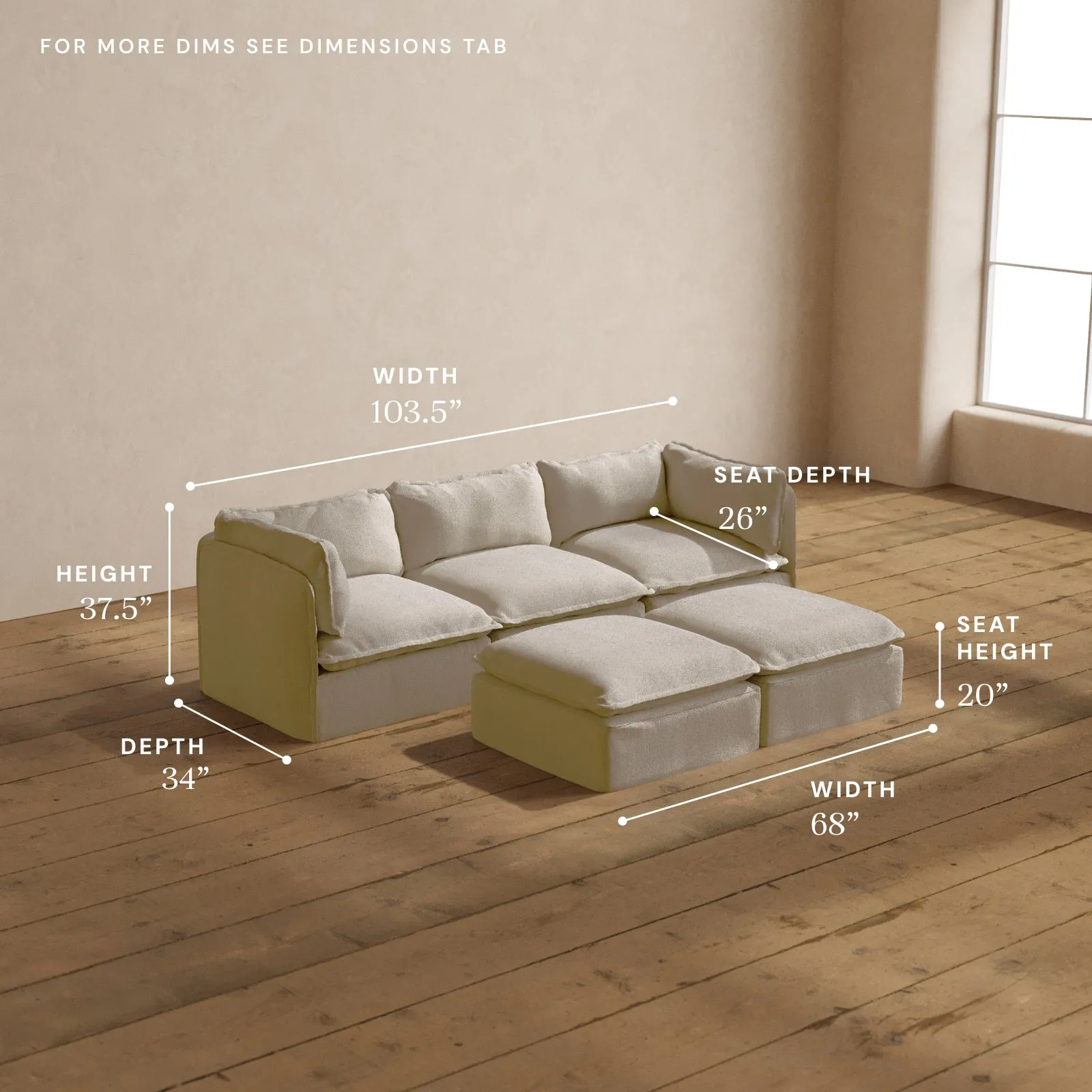 Modular Washable 3-Seater   Bench Ottoman in Powder | Deluxe  Seat | Contour Pillow