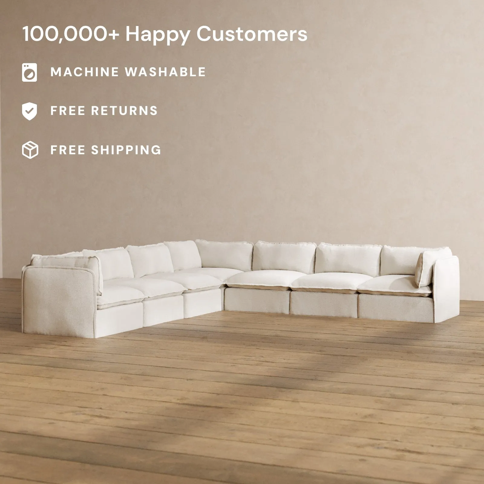Modular Washable 7-Seater Corner Sectional in Powder | Deluxe  Seat | Contour Pillow