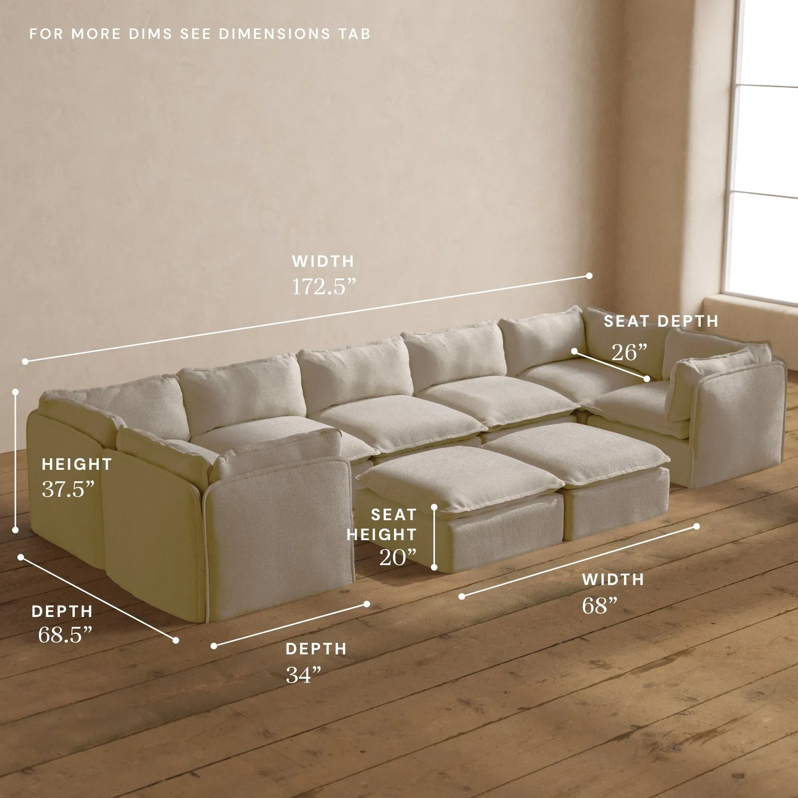 Modular Washable 7-Seater U-Sectional   Bench Ottoman in Powder | Deluxe  Seat | Contour Pillow