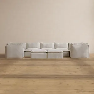 Modular Washable 7-Seater U-Sectional   Bench Ottoman in Powder | Deluxe  Seat | Contour Pillow