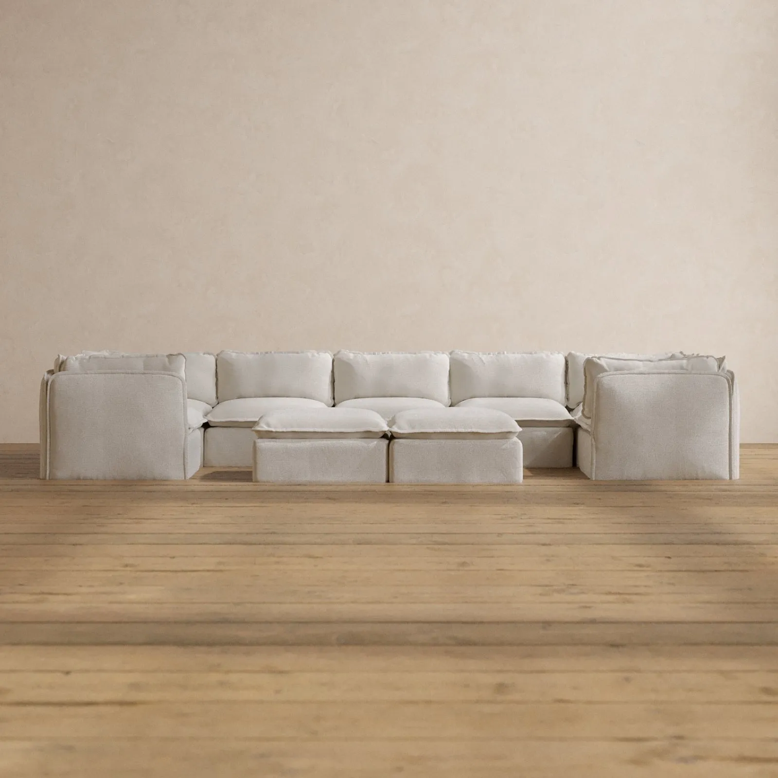 Modular Washable 7-Seater U-Sectional   Bench Ottoman in Powder | Deluxe  Seat | Contour Pillow