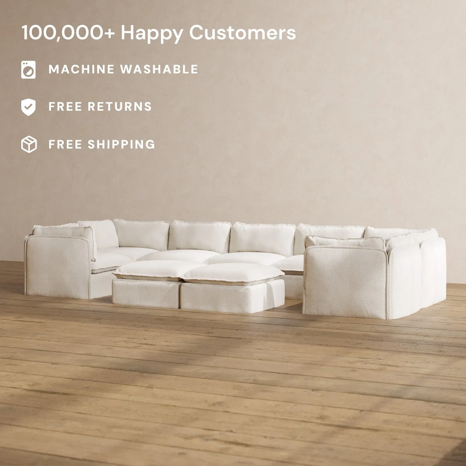 Modular Washable 7-Seater U-Sectional   Bench Ottoman in Powder | Deluxe  Seat | Contour Pillow