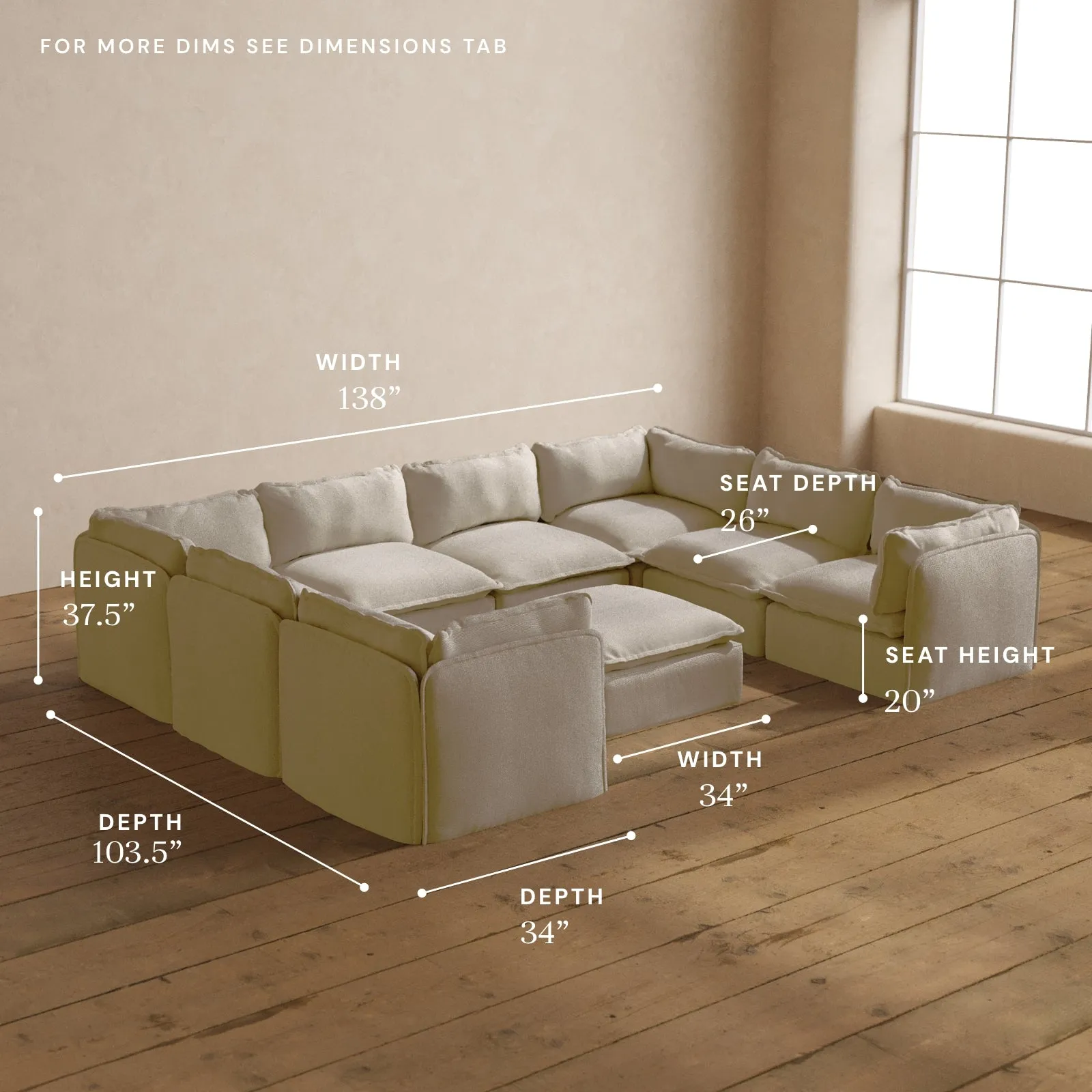 Modular Washable 8-Seater U-Sectional   Ottoman in Powder | Memorix  Seat | Contour Pillow