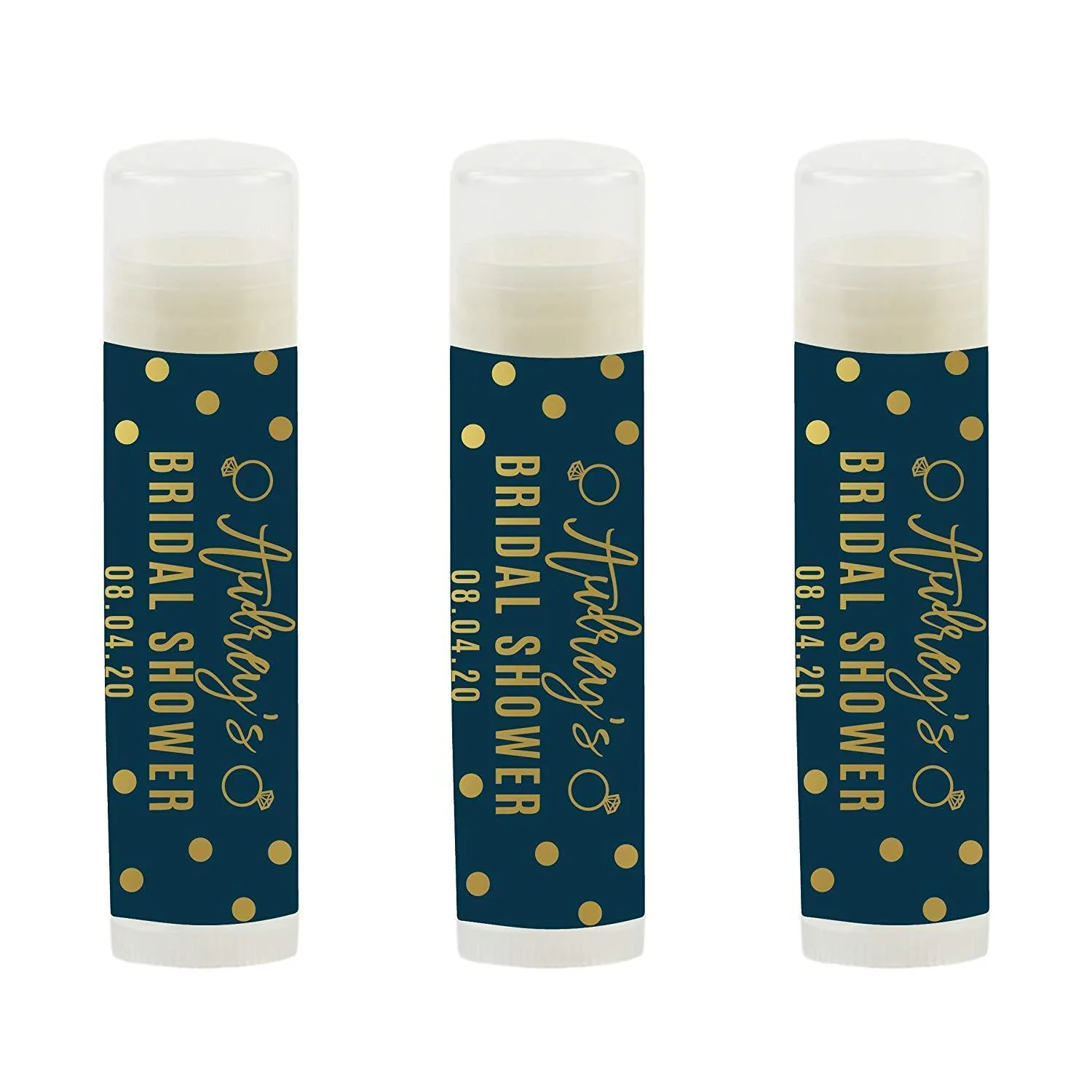 Navy Blue and Metallic Gold Confetti Polka Dots Bridal Shower, Personalized Lip Balm Favors, Custom Name and Date