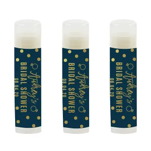 Navy Blue and Metallic Gold Confetti Polka Dots Bridal Shower, Personalized Lip Balm Favors, Custom Name and Date