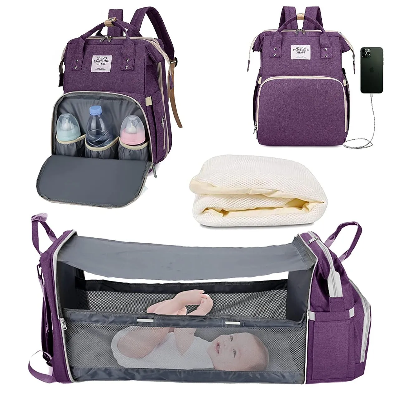 New 4 In1 Baby Backpack Convertible Lightweight Baby Diaper Bag Bed Multi-purpose Travel Waterproof Storage Bag For Stroller In Pink Colour