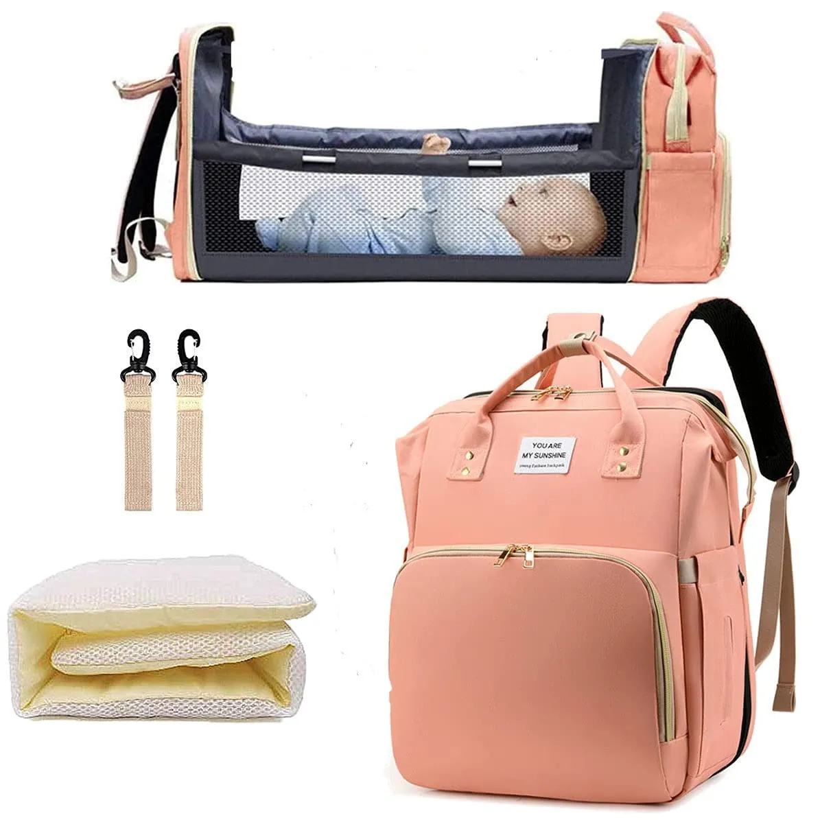 New 4 In1 Baby Backpack Convertible Lightweight Baby Diaper Bag Bed Multi-purpose Travel Waterproof Storage Bag For Stroller In Pink Colour