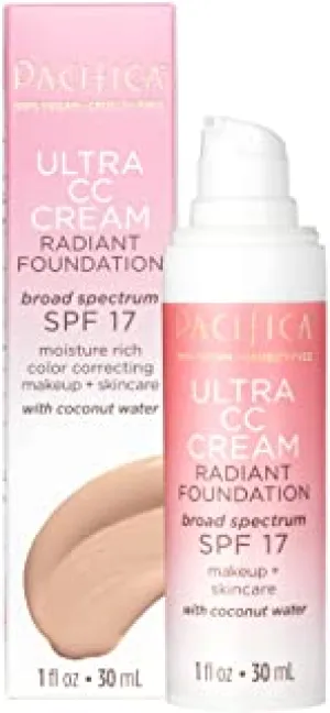 Pacifica Beauty Ultra CC Cream Radiant Foundation with Broad Spectrum SPF 17, Warm/Light Color, 100% Vegan & Cruelty Free, 1 Fl Oz