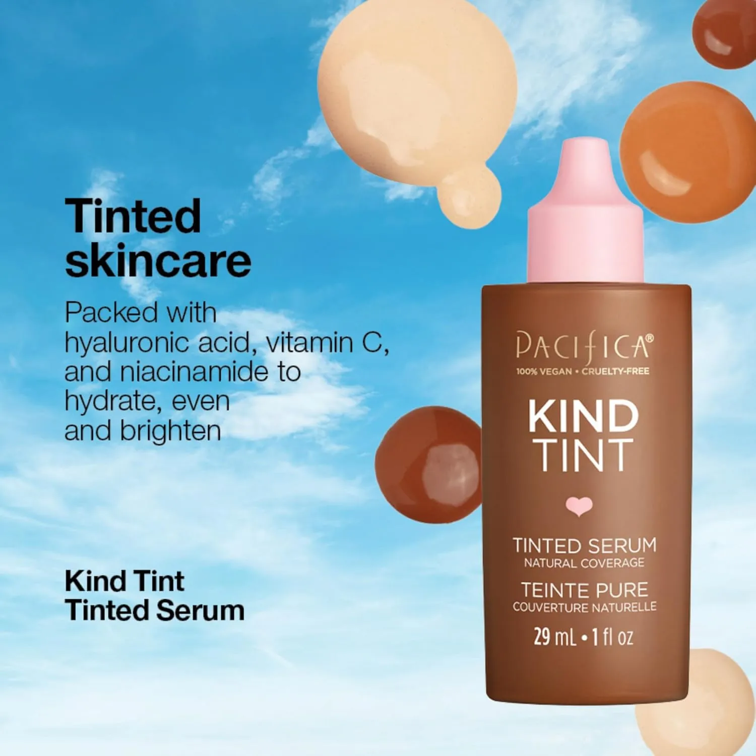 Pacifica Tinted Moisturizer  Kind Tint Serum, Lightweight Hydrating Foundation with Vegan Collagen & Hyaluronic Acid for Dewy Glow, Buildable Coverage, Vegan, 1 fl oz (Shade 04)