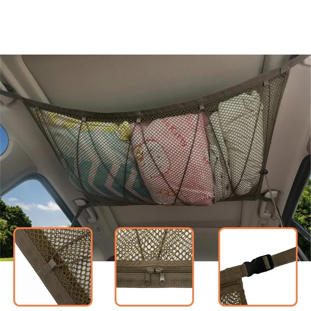 Portable Car Ceiling Space Saver Storage Net -  Double-Layer Mesh Storage Organizer with Adjustable Strap