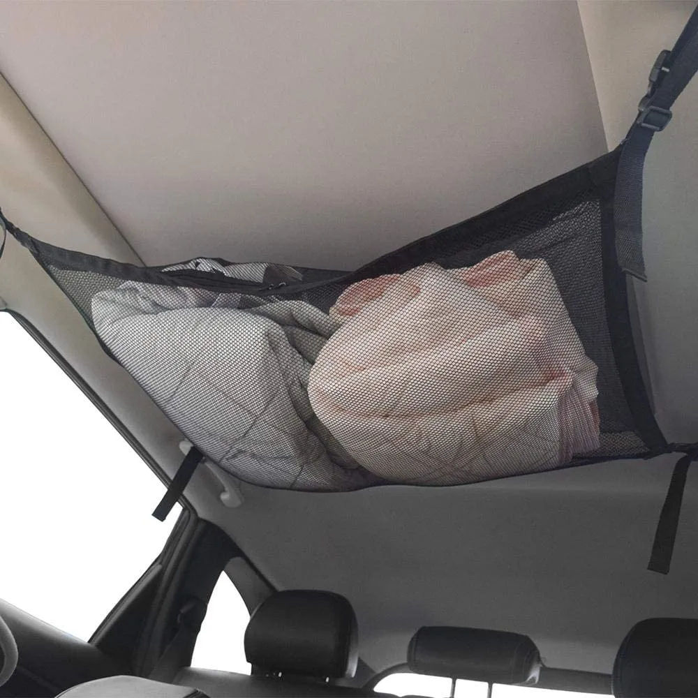 Portable Car Ceiling Space Saver Storage Net -  Double-Layer Mesh Storage Organizer with Adjustable Strap
