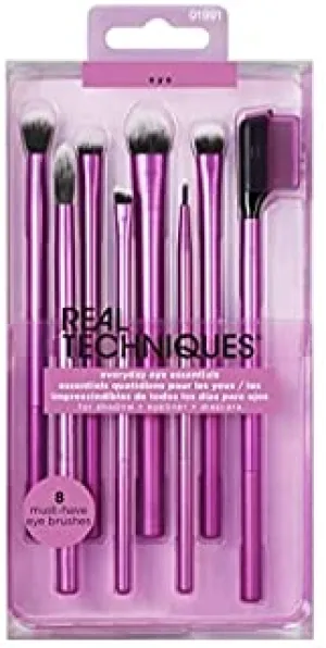 Real Techniques Eyeshadow Brush Set, Makeup with Gel Eyeliner, Flat Eye, and Eyelash Brushes, Purple, 8 Piece