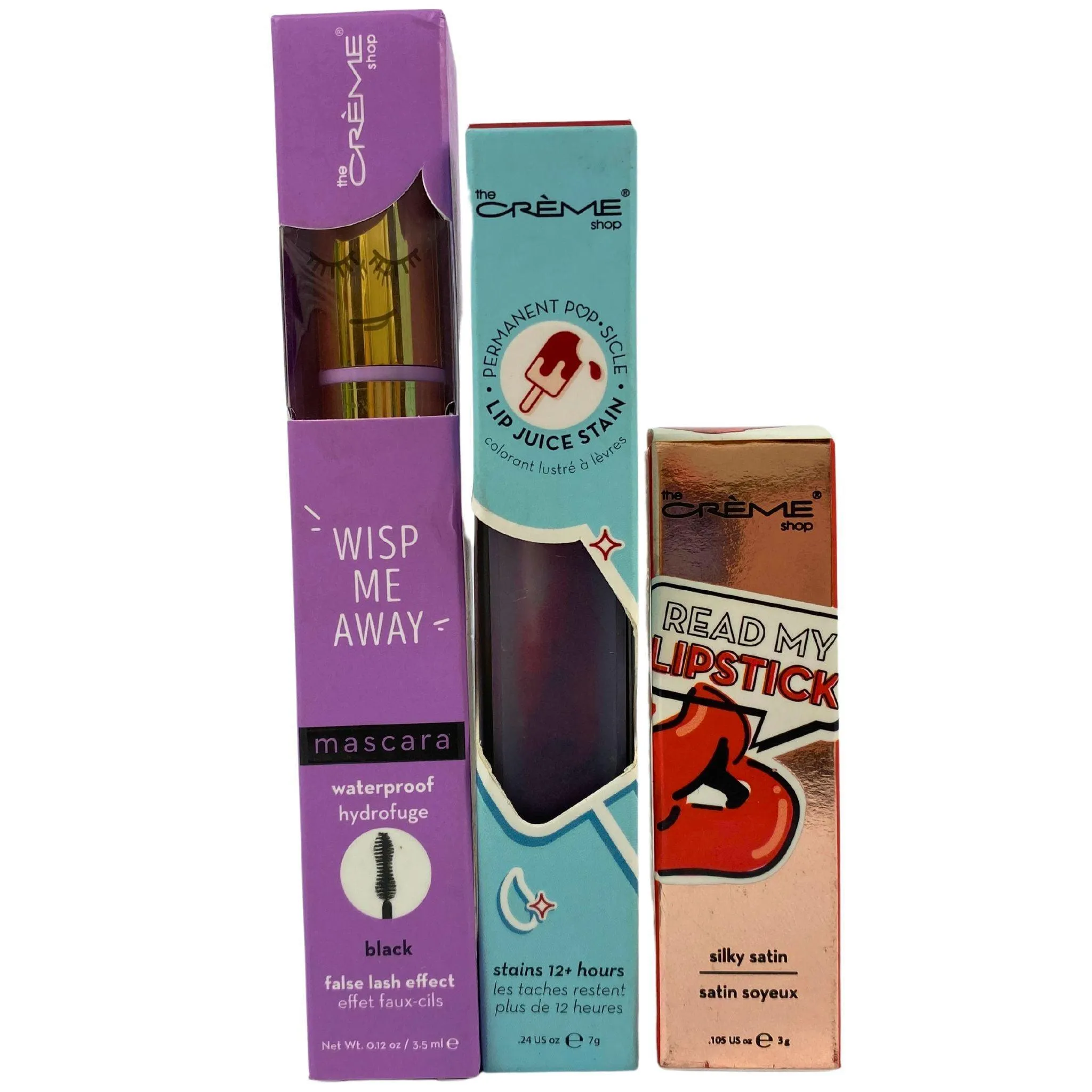 The Creme Shop Wisp Me Away Mascara , Lip Juice Stain  & Read My Lipstick Silky Satin (70 Pcs Lot)