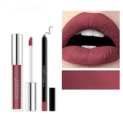 VERONNI Matte Lipstick and Lip Liner Set Red Lip Liner Lip Contour Kit Waterproof Lip Pencil Long Lasting Lip Gloss Nonstick Cup Lip Stick Set (#01)