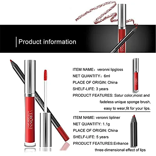 VERONNI Matte Lipstick and Lip Liner Set Red Lip Liner Lip Contour Kit Waterproof Lip Pencil Long Lasting Lip Gloss Nonstick Cup Lip Stick Set (#01)