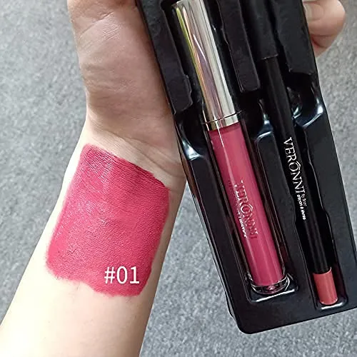 VERONNI Matte Lipstick and Lip Liner Set Red Lip Liner Lip Contour Kit Waterproof Lip Pencil Long Lasting Lip Gloss Nonstick Cup Lip Stick Set (#01)