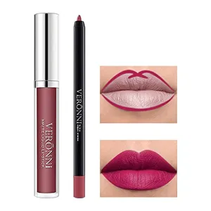 VERONNI Matte Lipstick and Lip Liner Set Red Lip Liner Lip Contour Kit Waterproof Lip Pencil Long Lasting Lip Gloss Nonstick Cup Lip Stick Set (#01)